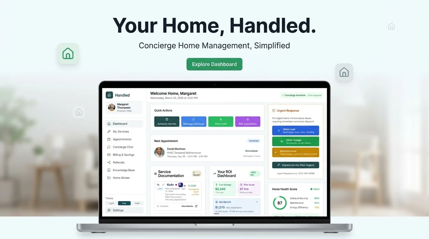 The Handled Home Portal dashboard showing visit updates, photos, appointments, and home status