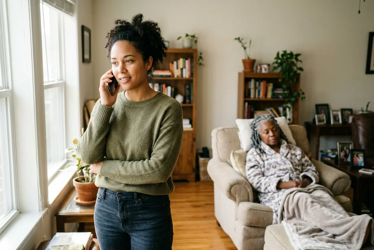 An adult daughter phoning for help while her aging mother rests in the living room