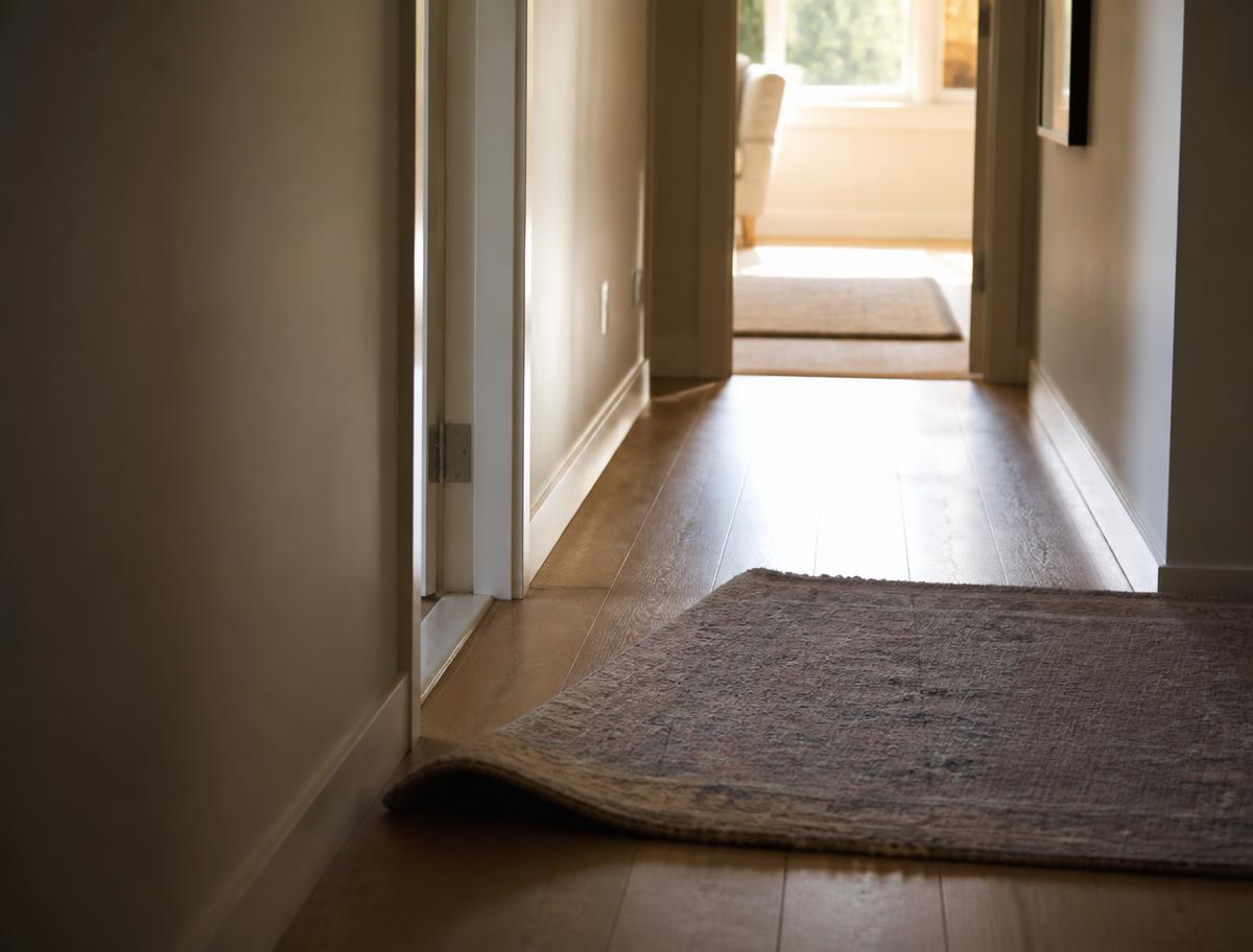 A dim hallway with a curled rug edge - the kind of small hazard that grows over time