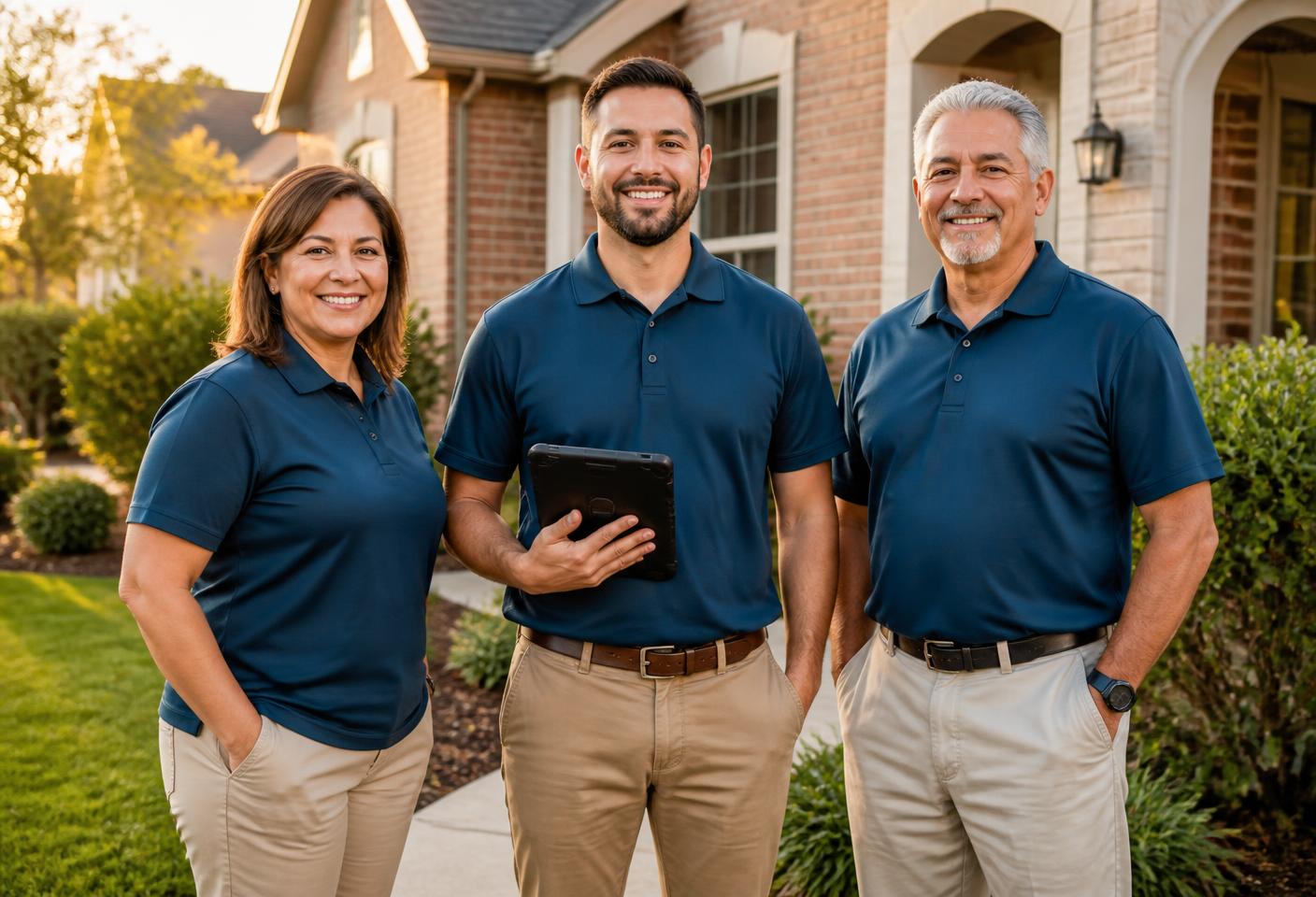 Three Handled Home Solutions team members in branded polo shirts outside a Houston home