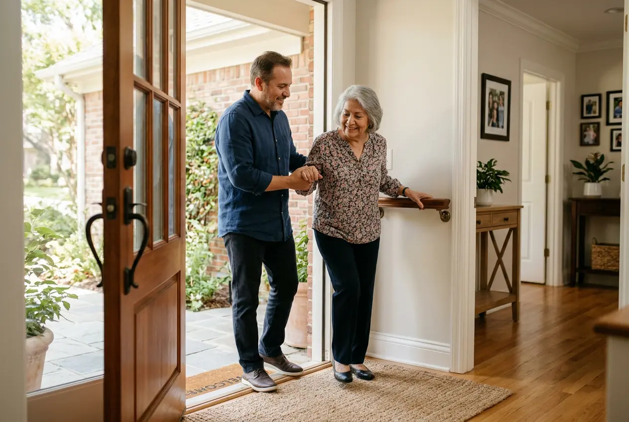 An adult son helping his mother through the front door as she returns home after a hospital discharge