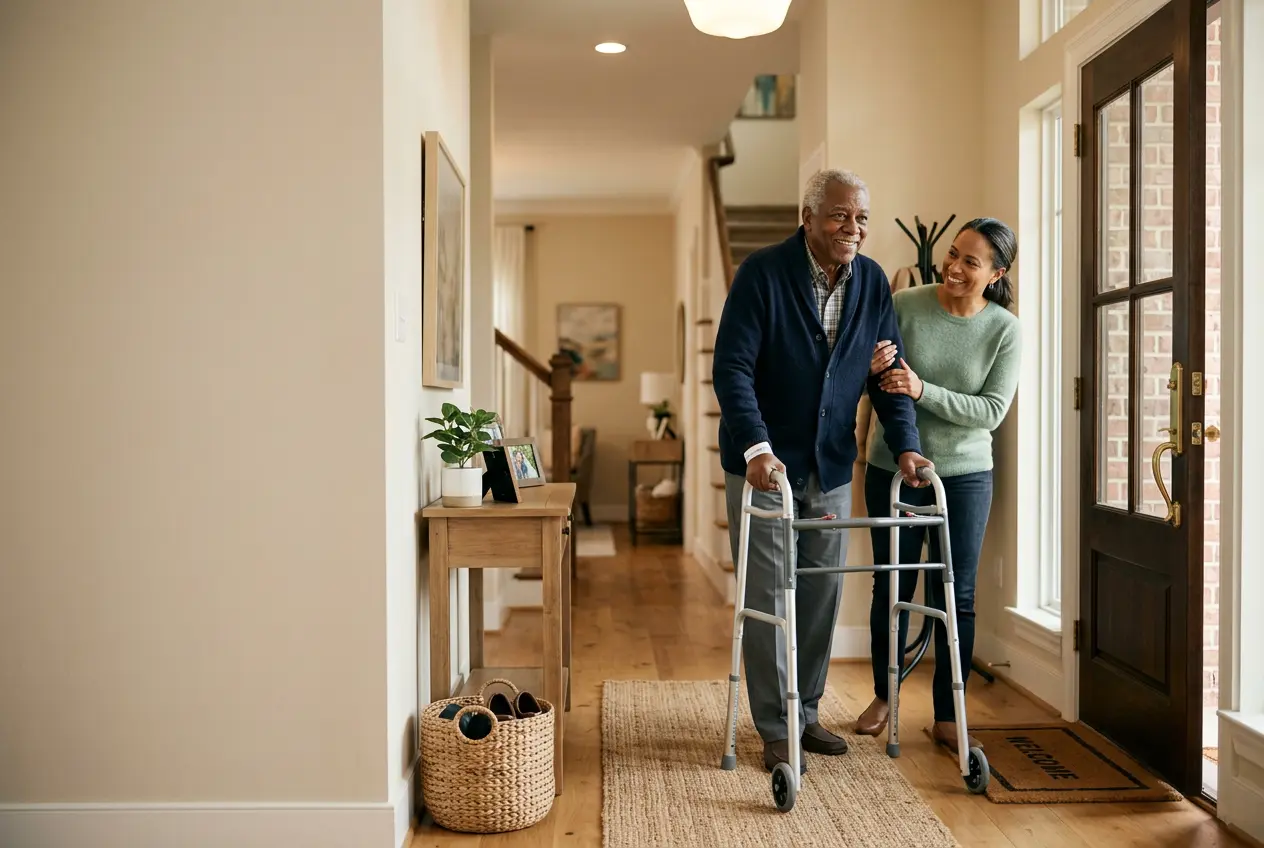 An older man using a walker steps back into his Houston home with his daughter after hospital discharge